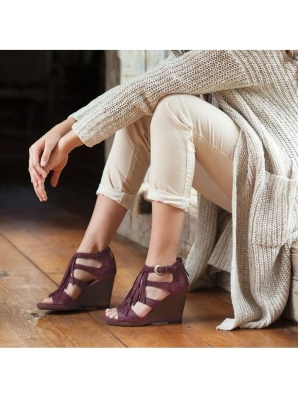 TRASK Felicity Fringe Suede Leather Wedges in Wine Size 9.5